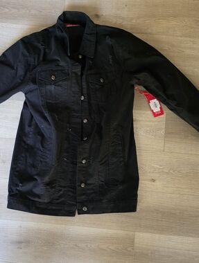 Black Casual Button Jacket with Distressing